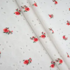 1 Yard Ivory & Coral Red DTY Knit Jacquard Ditsy Eyelet Print Fabric 58/60 Inches Wide