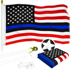 G128 - 5 Feet Tangle Free Spinning Flagpole (White) Blue Lives Matter Flag Brass Grommets Embroidered 2x3 ft (Flag Included) Aluminum Flag Pole