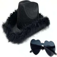 4E's Novelty Black Cowboy Hat with Feathers and Heart Sunglasses for Women - Black Cowboy Hat, Oversized Heart Glasses - Cowboy Hat for Costume Party