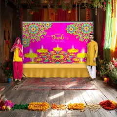5x8 Feet Happy Diwali Banner Indian Traditional Cloth Backdrop Indian Diwali Decor Pooja Wall Decor Indian Wall Art Photo Decor Banner Decorative Pooja Cloth Diwali Celebration
