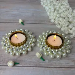 Pearl T-light Holder, Tealight Candle Holder Festival of Light Decorative for Diwali Christmas Thanksgiving Housewarming Gift Moti Candle Stand for Centerpiece Dining Table Home Decor