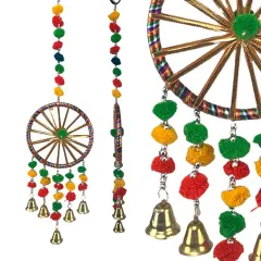 Ring Wall Hanging with Pompom Rajasthani Traditional Handicraft Wall Art Hanging Wind Chime Decorative Showpiece Diwali Gift Latkan for Home Office Decor Window Indian Housewarming Gift