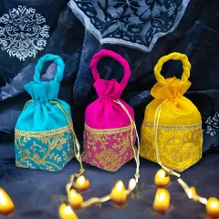 Designer Potli Bags for Women and Girls Indian Zari Ethnic Handcrafted Hand Bags Ethnic Pouch Handle Purse Pooja Favors Housewarming Return Gift Eid Gifts (pack of 3)