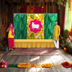 Pichwai Cow Print Backdrop 5x8 Feet Backdrop Indian Traditional Cloth Banana Leaf Decor Indian Pooja Wall Decor Indian Wall Art Photo Decor Banner Decorative Pooja Cloth Wedding Favor