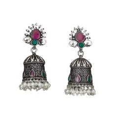 Indian Oxidized Jhumka Earrings for Women - Vintage Indian Jhumki Ethnic Chandbali Earrings Faux Pearls with Oxidized Platting Bollywood Style Dangle Earring Jewelry for Bride Gift for Her RubyGreen