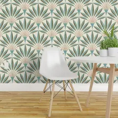 Non-Pasted Wallpaper 2FT Wide Modern Geometric Teal Green Orange Bold Linen Texture Retro Scallop Fans Traditional Wallpaper by Spoonflower