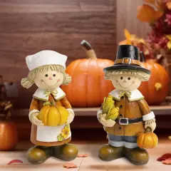 Pilgrim Figurines for Thanksgiving, Resin Fall Harvest Pumpkin