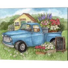 Blue Truck Flowers Hello Spring by Melinda Hipsher 20" x 16" Canvas Wall Art