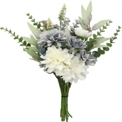 Artificial Dahlia Bouquet &ndash; White and Blue Silk Flowers for Vase, Home Table Decor Bathroom Decoration