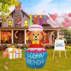 4FT Birthday Cake Birthday Party Outdoor Inflatable Decoration, Outdoor Yard Sign with LED Lights, Birthday Inflatable Decoration for Garden, Yard, Lawn