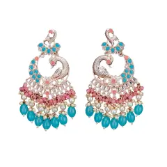 Oversized / Big Indian Jhumka Earrings for Women - Indian Peacock Earrings Ethnic Chandbali Jhumki Kundan & Faux Pearl Beaded Bollywood Style Dangle Earring TURQOISE