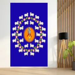 Lord Krishna Backdrop with Cow Indian Traditional Cloth Pooja Backdrop Indian Wall Art Photo Decor Banner Designer Wall Hangings Diwali Decor Wedding Housewarming Gift Blue
