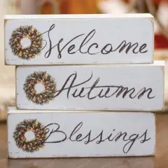 Off-White Wooden Block Signs Autumn Blessings Welcome Distressed Rustic Fall Decor 3 asstd.