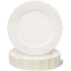 25 Pack Plastic Dinner Plates for Party, Cream with Fine Detailing (10 Inches) White