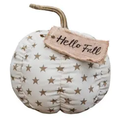 White Fabric Stuffed Pumpkin with Gold Star Pattern and Hello Fall Burlap Tag