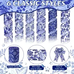 6 Rolls Christmas Chinoiserie Ribbon White and Blue Wired Edge Floral Ribbon Butterfly Flower Pattern Fabric Craft Wreath Bow Wrapping 2.52 Inches by 5 Yards