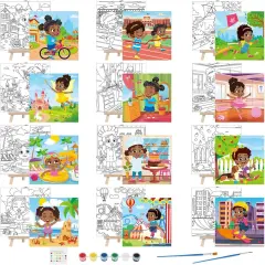 12 Sets Pre Drawn Canvas to Paint Kid Adult Stretched Coloring(Black Girl)