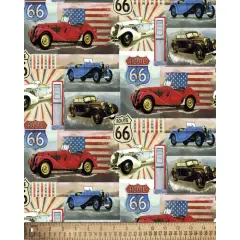 Cars Vintage American Route 66 Digital Cotton Print Fabric | By the Yard | Sewing and Crafting | 44 inches wide