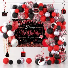 Red and Black Birthday Decorations - Arch Garland Kit with Happy Birthday Banner Backdrop, Hanging Swirls for Party Decor Supplies