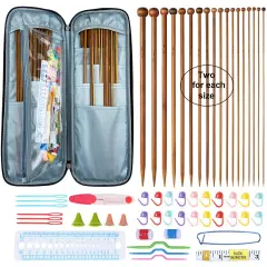 Bamboo Knitting Needle Set with Case 36pcs Straight Single Pointed Kniting Needles 13.5inch Length Sweater Needles for DIY Knitting Projects(2mm-10mm) Knitting Set with Accessories