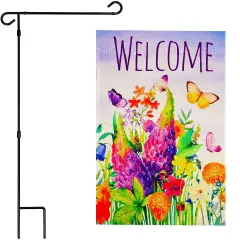 G128 Combo Pack Garden Flag Stand Black 36x16IN & Garden Flag Spring Floral Butterfly Welcome Printed 12x18IN Double Sided Yard Garden Lawn Decoration