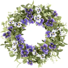 Spring Floral Wreaths for Front Door Summer Wreath with Purple Pansy Flowers Green Eucalyptus Leaves