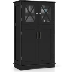 Black Bathroom Towel Linen Cabinet with Glass Doors and Storage Shelves