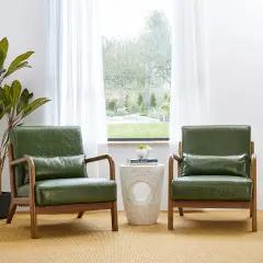 Set of 2 30.75"H Mid-Century Modern PU Leather Armchair Accent Chairs with Pillow Green