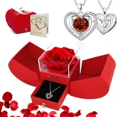 Preserved Red Real Rose with I Love You Birthstone Necklace