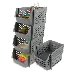 Spec101 Plastic Stackable Storage Bins - 4pc Pantry Closet Organizer Bins