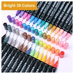 30 Colors Waterproof Dual Tip Acrylic Paint Pens, Dot & Fine Tip Premium Coloring Drawing Markers Set for Wood, Rock Painting, Canvas, Glass, Ceramic Surfaces and DIY Crafts Making Art Supplies