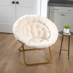 Emma and Oliver Ersa Oversize Folding Saucer Chair with Cozy Faux Fur Cushion and Metal Frame for Dorms, Bedrooms, Apartments and More IvorySherpa/SoftGold