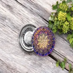 18mm Round Lacy Flower Blue Purple Iridescent with Gold Paint -- Czech Glass Buttons