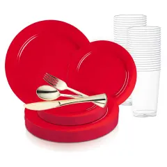 Solid Red Holiday Round Disposable Plastic Wedding Value Set (20 Settings)