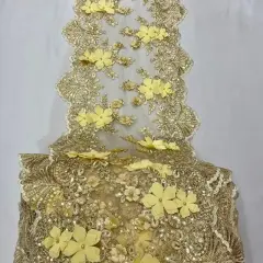 3 Yard Sequin 3D Lace Fabric 33cm Wide Polyester Embroidered Mesh with Pearls & Scalloped Edge Gold