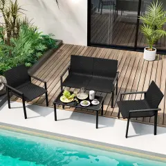 Costway 4 PCS Outdoor Wicker Patio Furniture Set with Heavy-Duty Galvanized Metal Frame Mix Brown/Black