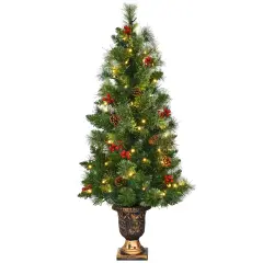 Costway 3/4/5 ft Pre-Lit Christmas Entrance Tree In Urn with 40/60/100 LED Light Red Berries Pine Cone
