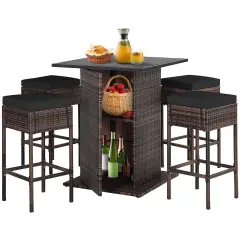 Costway 5PCS Patio Rattan Bar Table Stool Set Hidden Storage Shelf Cushioned