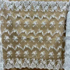 1 Yard Beaded & Corded Bridal Lace Fabric on 100% Polyester Net Mesh, Embroidered, 49" Wide, Elegant Wedding Fabric White