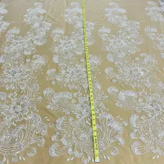 1 Yard Beaded Lace Fabric Embroidered on 100% Polyester Net Mesh, 52" Width, Premium Lace Fabrication White