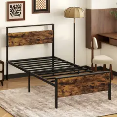 Metal Bed Frame Industrial Platform Bed with Wooden Headboard