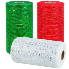 3 Rolls Mesh Ribbon for Wreaths, 6 Inch x 30 Feet Each Roll Red Green White Poly Deco Mesh Rolls, Christmas Ribbon for Wreaths, Swags and Christmas Tree Decoration