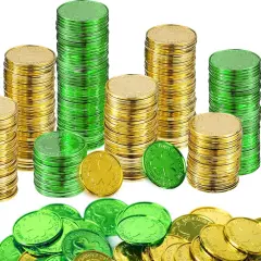 St. Patrick's Day Gold Coins, 120 Pieces Gold Green Lucky Coins Plastic Shamrock Leprechaun Coins, 3-Leaf Clover Coin Table Scatter Decoration for St. Patrick's Day Party Favors