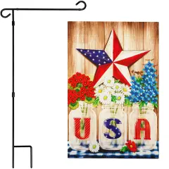 G128 Combo Pack: Garden Flag Stand 36x16IN & Garden Flag USA Star Flowers Printed 12x18IN Double Sided