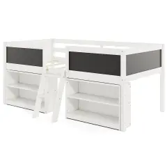 Twin Loft Bed with Chalkboards, Bookcases, Storage Shelf, Guardrails, and Sturdy Wood Construction White