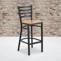 Emma and Oliver 2 Pack Ladder Back Metal Restaurant Barstool NaturalWood/Black