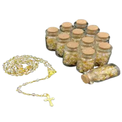 12 Gold Clear Rosary Crucifix Wishing Bottle Baby Shower Baptism Party Favor