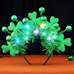 Light Up St Patricks Day Headband LED Shamrock Headpiece Green Ball Hair Band Parade Costume Headwear Irish Day Hair Accessories for Women and Girls