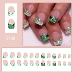 St.Patrick's Day Press On Nails Short Square Fake Nails Glitter Clover Design Acrylic Press on Nails Green White French Tip False Nails Glossy Glue on Nails Short Lucky Stick on Nails for Women 24PCS