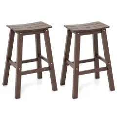 29 Inch HDPE Patio Bar Stool Set of 2, Armless Saddle Design, Weather-Resistant, Outdoor Seating Brown